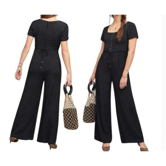 MAEVE Sienna Jumpsuit Wide Leg Side Tie Square Neck Zip Black Sz 14 - Picture 1 of 14
